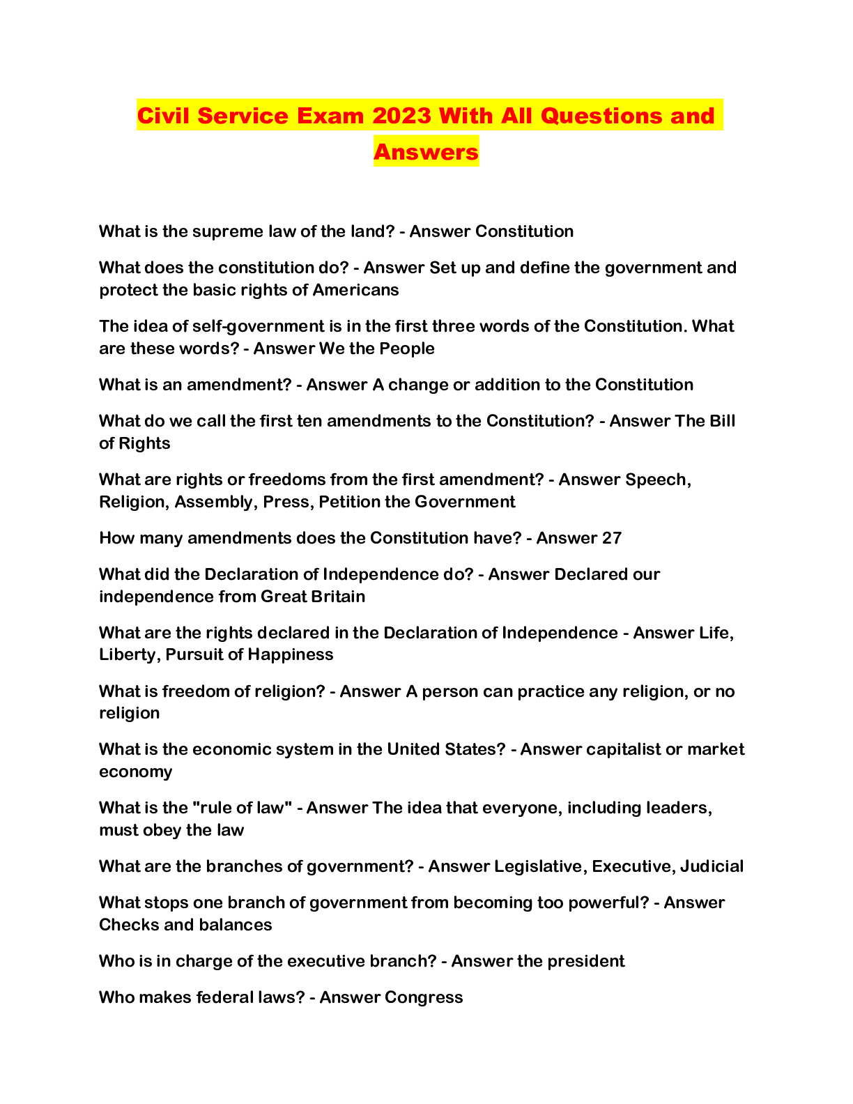 Preview image for Civil Service Exam 2023 With All Questions and Answers